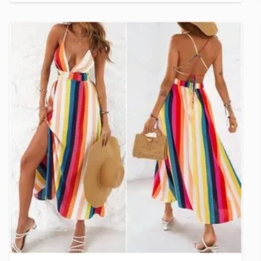 Colorful Boho Floral Print Criss Cross Lace Maxi Dress